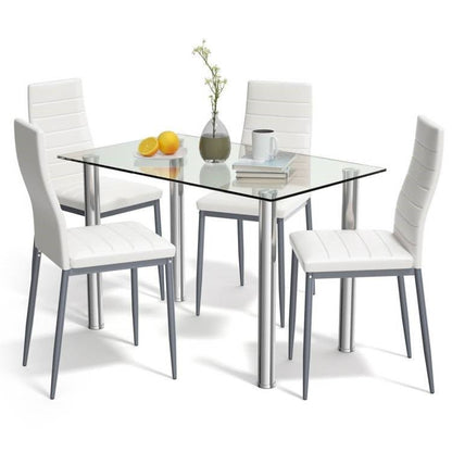 Modern 5-Piece Dining Set with Glass Top Table and 4 White PVC Leather Chairs - The Sturdy Wood Company