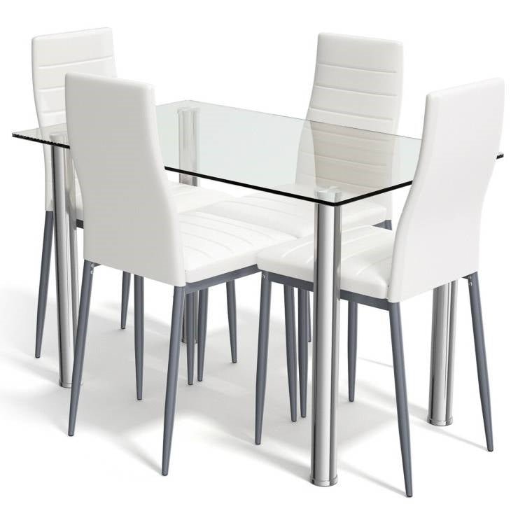 Modern 5-Piece Dining Set with Glass Top Table and 4 White PVC Leather Chairs - The Sturdy Wood Company