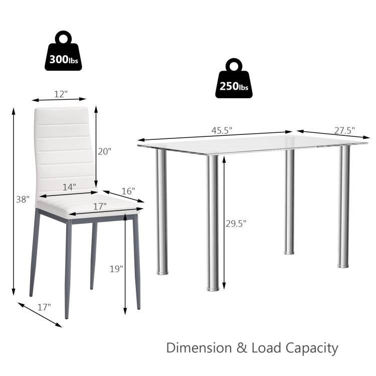 Modern 5-Piece Dining Set with Glass Top Table and 4 White PVC Leather Chairs - The Sturdy Wood Company