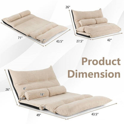 Modern Adjustable Floor Lounge Chair Sofa Bed with 2 Lumbar Pillows in Beige - The Sturdy Wood Company