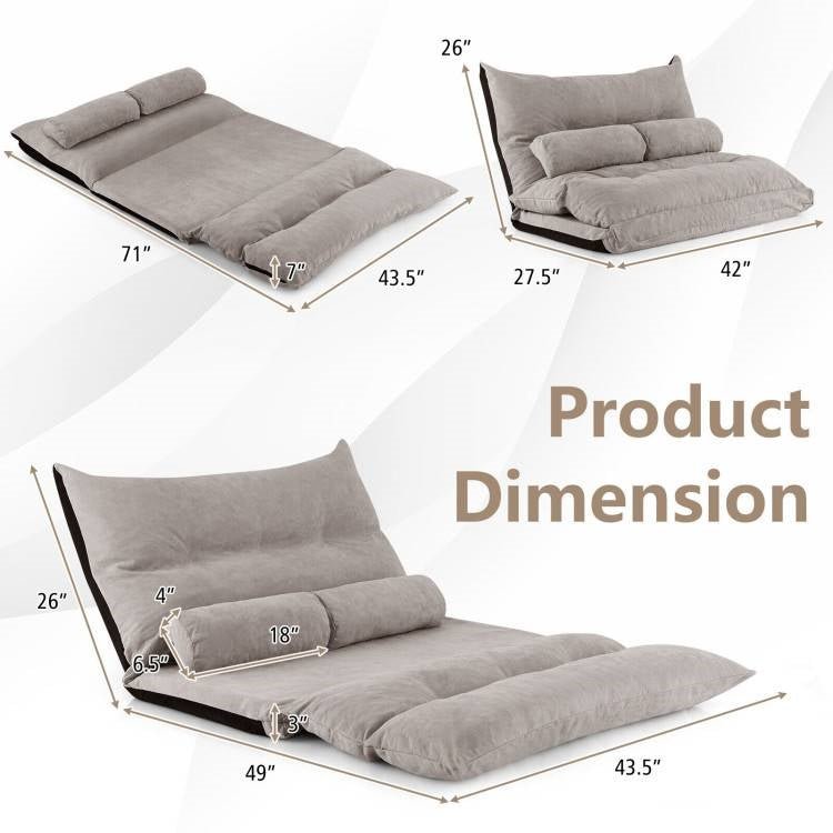 Modern Adjustable Floor Lounger Chair Sofa Bed with 2 Pillows in Grey - The Sturdy Wood Company