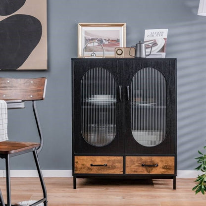 Modern Black Brown Metal Wood Sideboard Dining Buffet Cabinet with Glass Doors - The Sturdy Wood Company