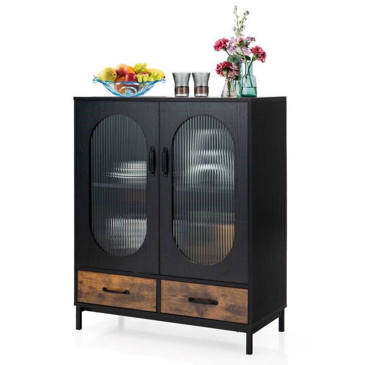 Modern Black Brown Metal Wood Sideboard Dining Buffet Cabinet with Glass Doors - The Sturdy Wood Company