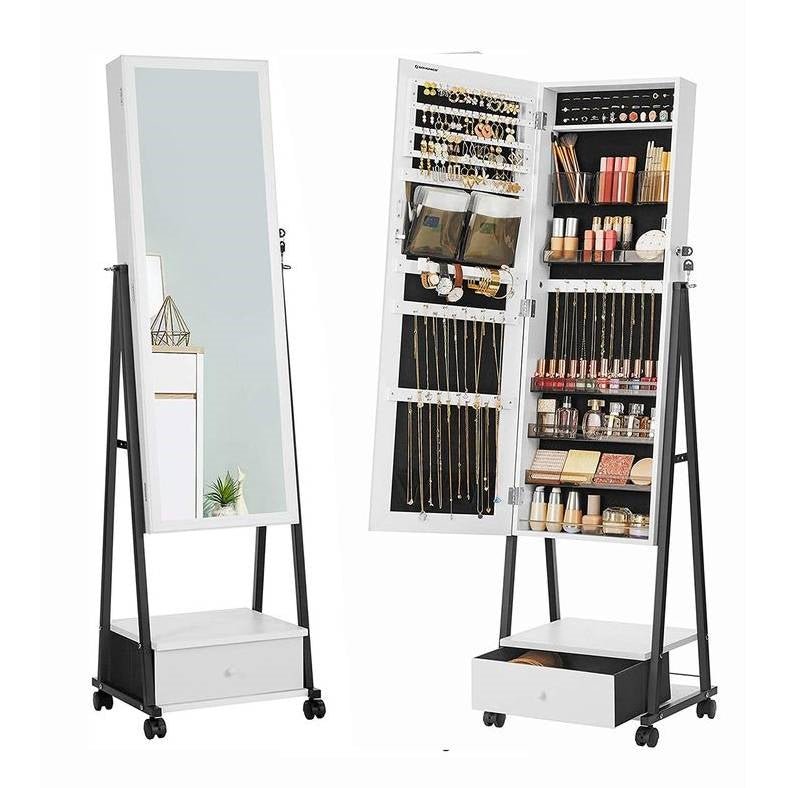 Modern Black Metal White Wood Jewelry Armoire Cabinet Organizer Mirror on Wheels - The Sturdy Wood Company