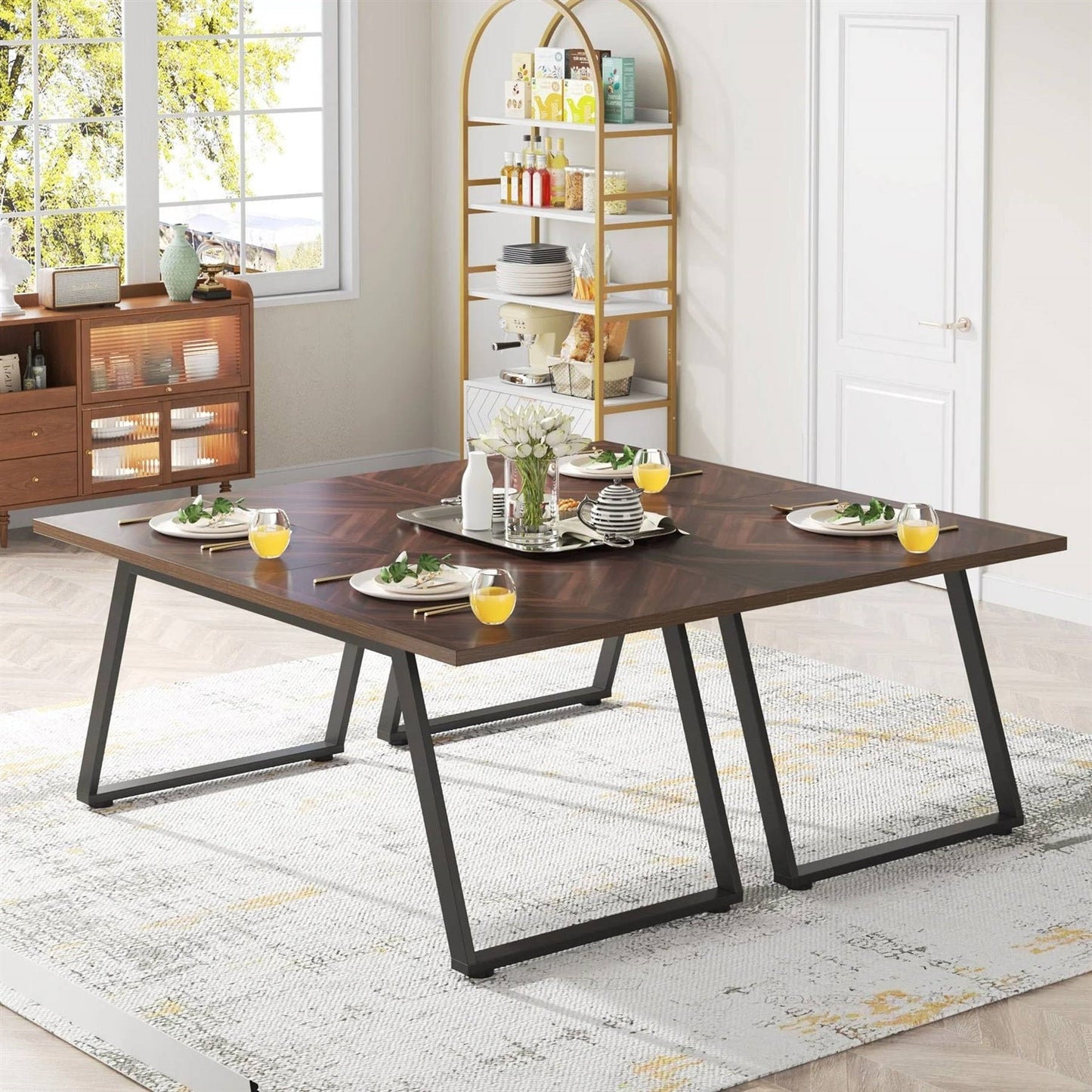 Modern Farmhouse 63-inch Rectangle Dining Table Brown Wood Top Black Metal Frame - The Sturdy Wood Company