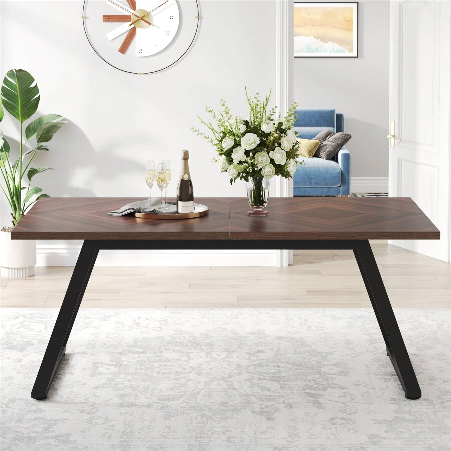 Modern Farmhouse 63-inch Rectangle Dining Table Brown Wood Top Black Metal Frame - The Sturdy Wood Company