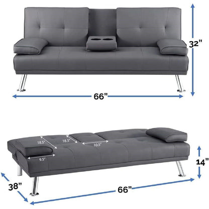 Modern Futon Sleep Sofa Bed Couch in Grey Faux Leather with Cup Holder - The Sturdy Wood Company