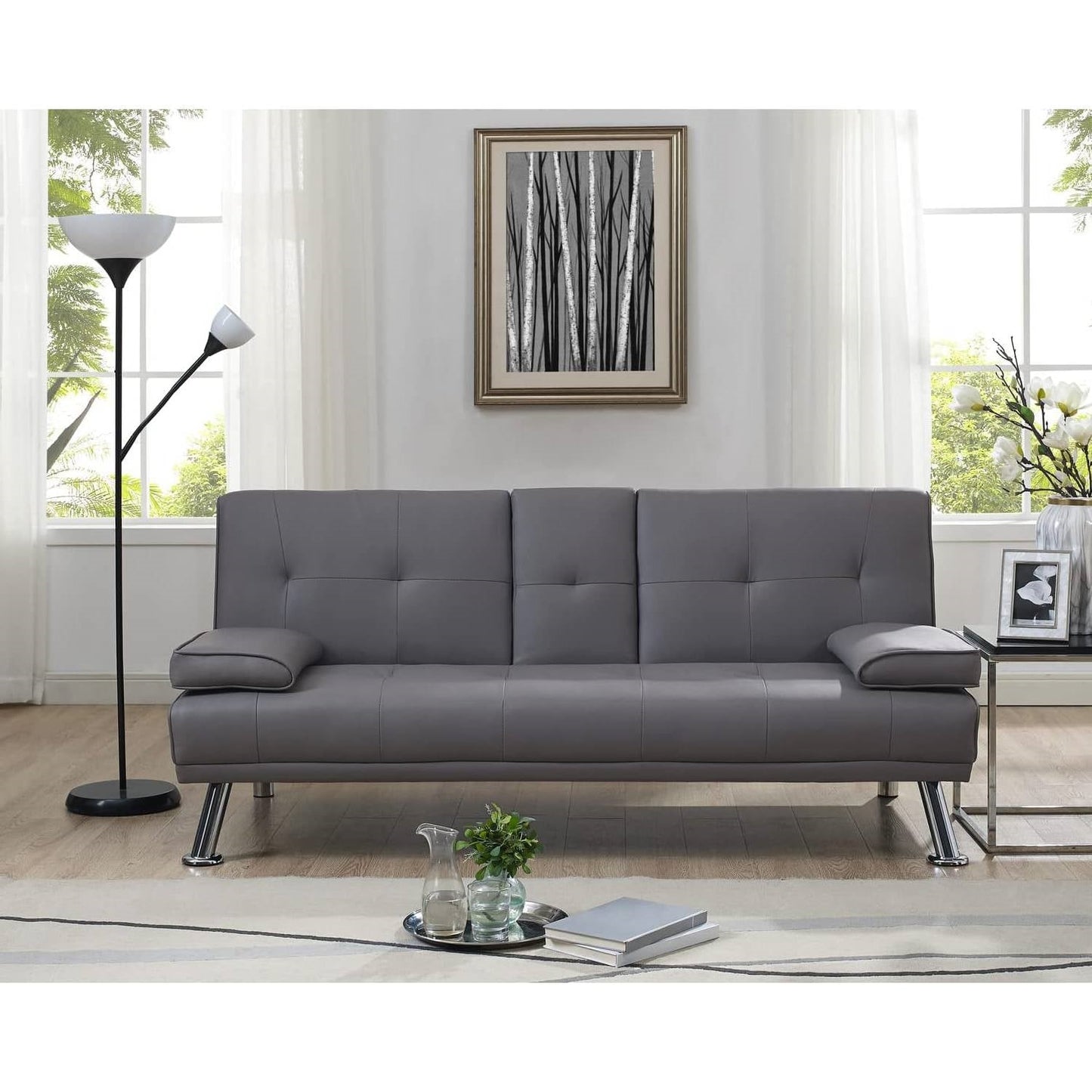 Modern Futon Sleep Sofa Bed Couch in Grey Faux Leather with Cup Holder - The Sturdy Wood Company