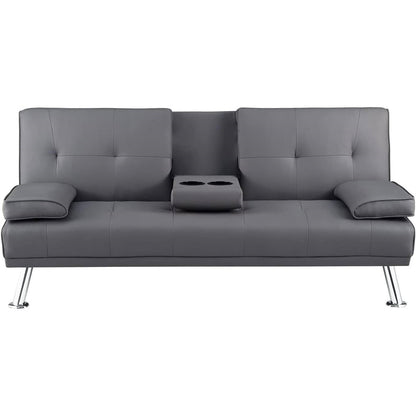 Modern Futon Sleep Sofa Bed Couch in Grey Faux Leather with Cup Holder - The Sturdy Wood Company