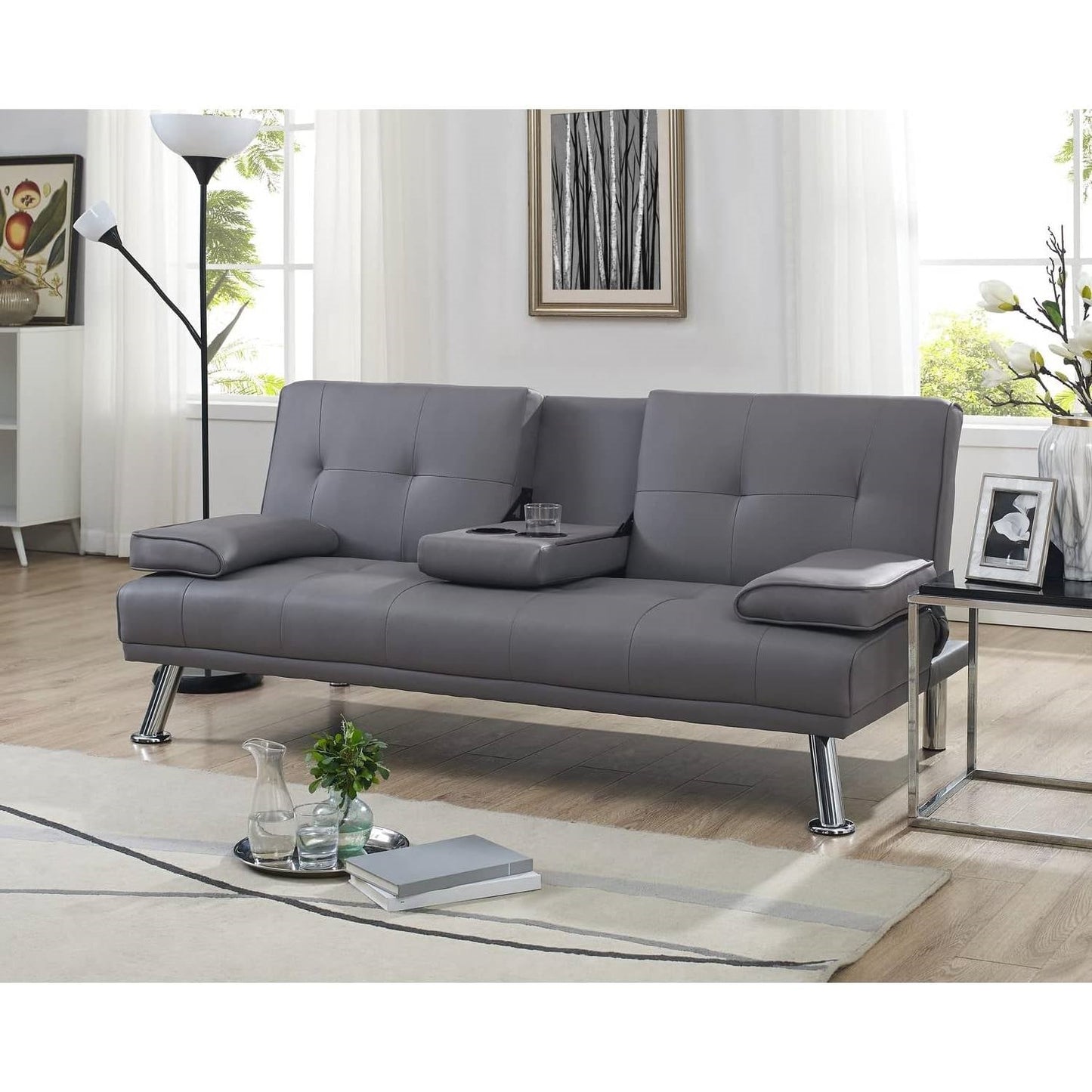 Modern Futon Sleep Sofa Bed Couch in Grey Faux Leather with Cup Holder - The Sturdy Wood Company