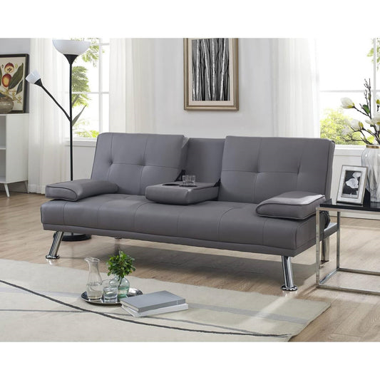 Modern Futon Sleep Sofa Bed Couch in Grey Faux Leather with Cup Holder - The Sturdy Wood Company