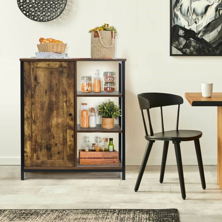 Modern Industrial Black Metal Brown Wood Sideboard Buffet Storage Shelf Cabinet - The Sturdy Wood Company