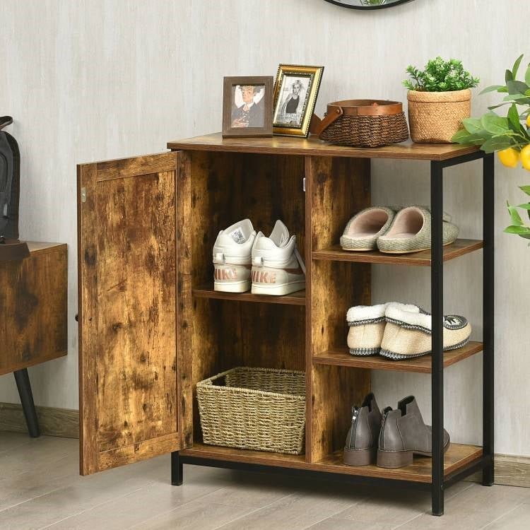 Modern Industrial Black Metal Brown Wood Sideboard Buffet Storage Shelf Cabinet - The Sturdy Wood Company