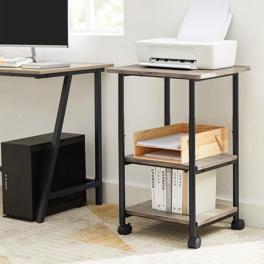 Modern Industrial Black Metal Grey Wood Printer Stand Shelf Cart - The Sturdy Wood Company