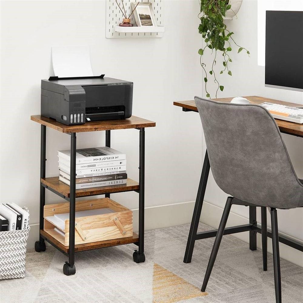 Modern Industrial Black Metal Rustic Wood Printer Stand Cart on Locking Casters - The Sturdy Wood Company