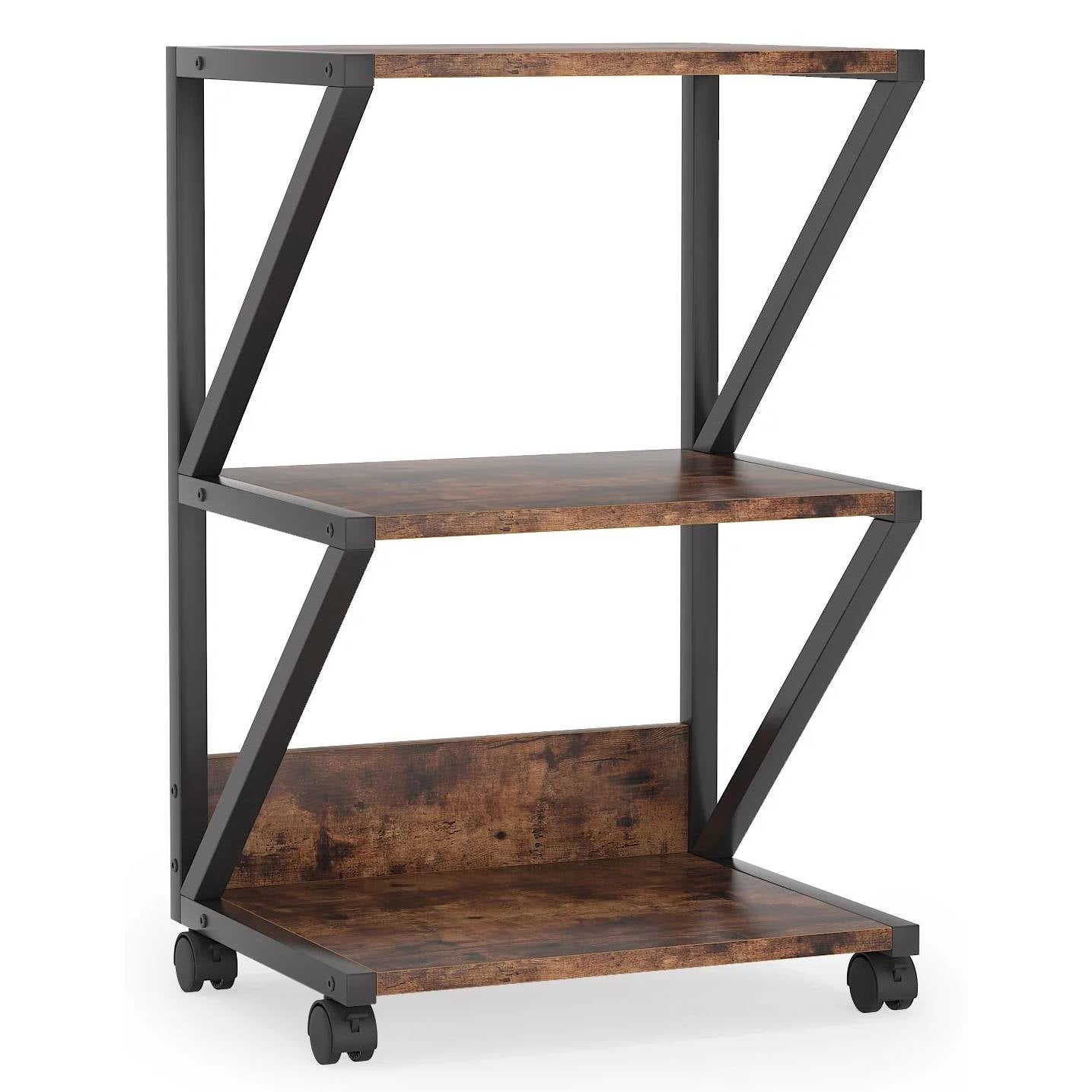 Modern Industrial Metal Wood 3-Tier Printer Stand Office Storage Cart on Wheels - The Sturdy Wood Company