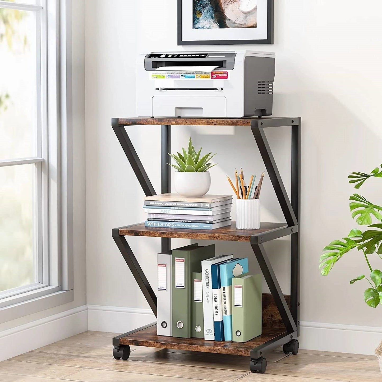 Modern Industrial Metal Wood 3-Tier Printer Stand Office Storage Cart on Wheels - The Sturdy Wood Company