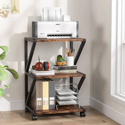 Modern Industrial Metal Wood 3-Tier Printer Stand Office Storage Cart on Wheels - The Sturdy Wood Company