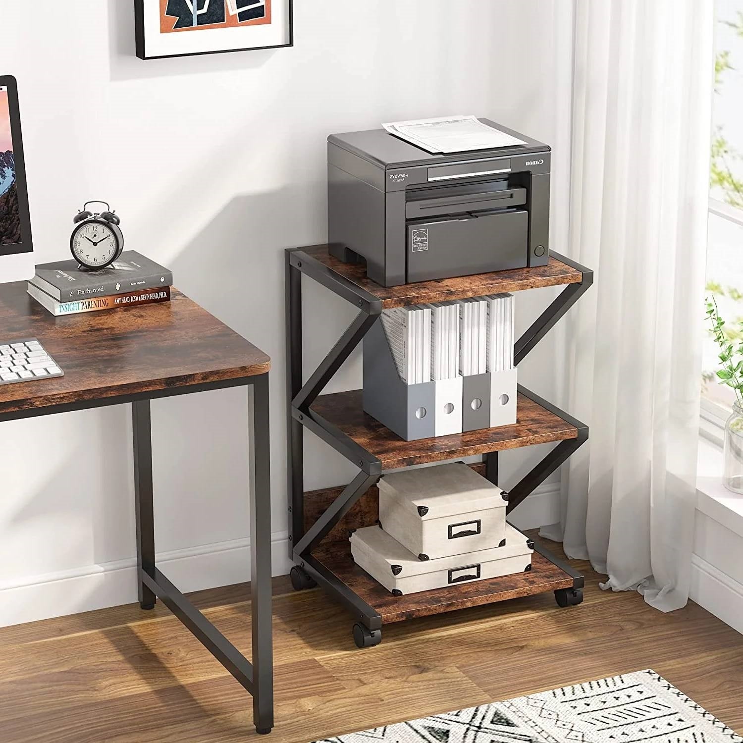 Modern Industrial Metal Wood 3-Tier Printer Stand Office Storage Cart on Wheels - The Sturdy Wood Company