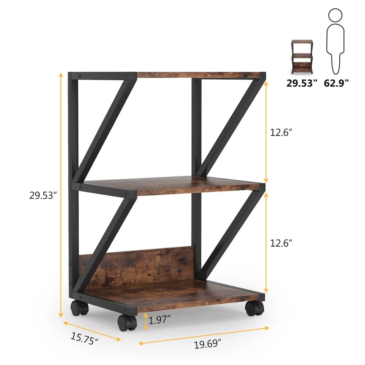 Modern Industrial Metal Wood 3-Tier Printer Stand Office Storage Cart on Wheels - The Sturdy Wood Company