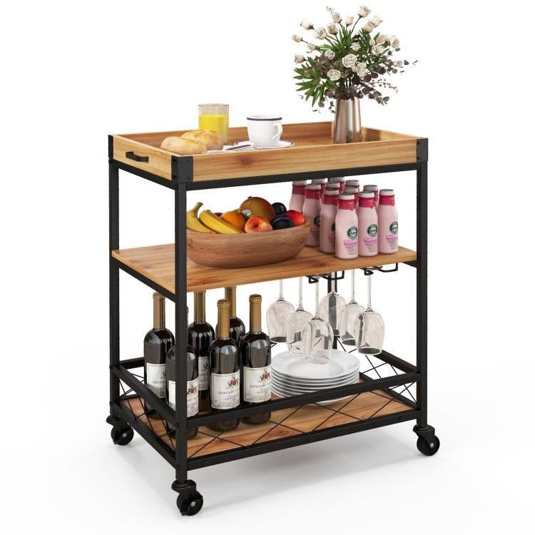 Modern Metal Wood Shelf Kitchen Serving Bar Cart with Removable Top Tray - The Sturdy Wood Company