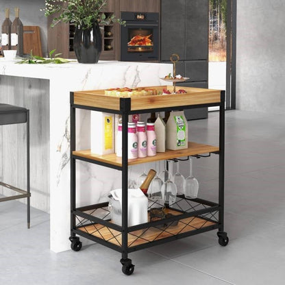 Modern Metal Wood Shelf Kitchen Serving Bar Cart with Removable Top Tray - The Sturdy Wood Company