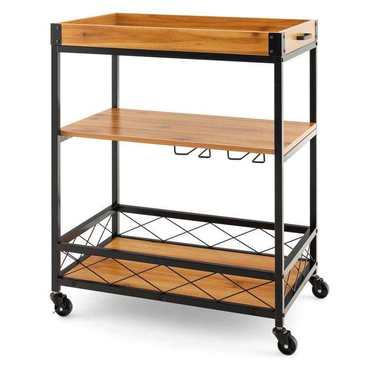 Modern Metal Wood Shelf Kitchen Serving Bar Cart with Removable Top Tray - The Sturdy Wood Company