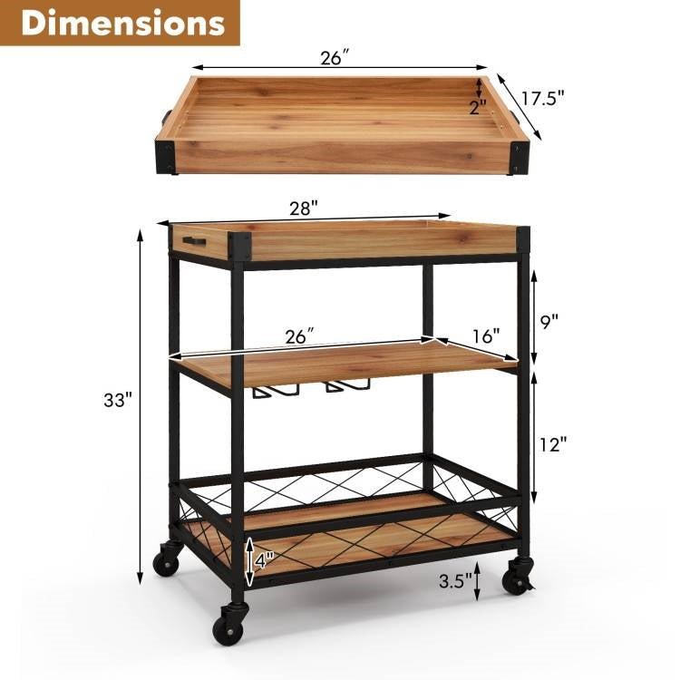 Modern Metal Wood Shelf Kitchen Serving Bar Cart with Removable Top Tray - The Sturdy Wood Company