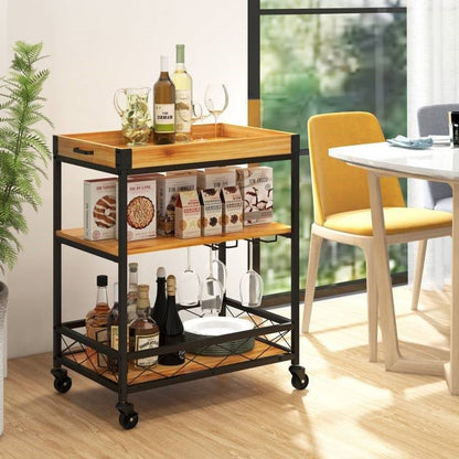 Modern Metal Wood Shelf Kitchen Serving Bar Cart with Removable Top Tray - The Sturdy Wood Company