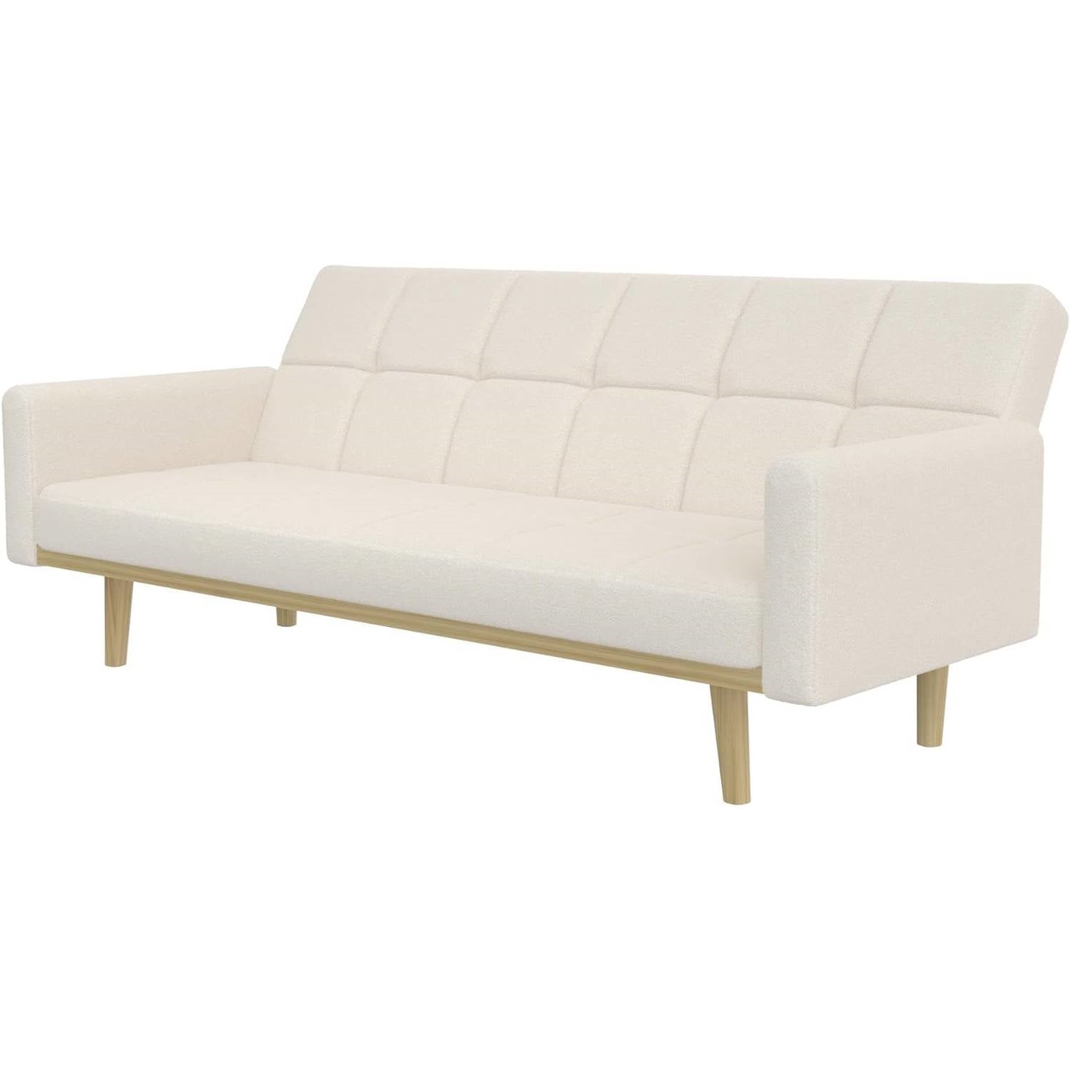 Modern Mid-Century Futon Sleeper Sofa Bed in Sherpa Ivory Fabric Upholstery - The Sturdy Wood Company