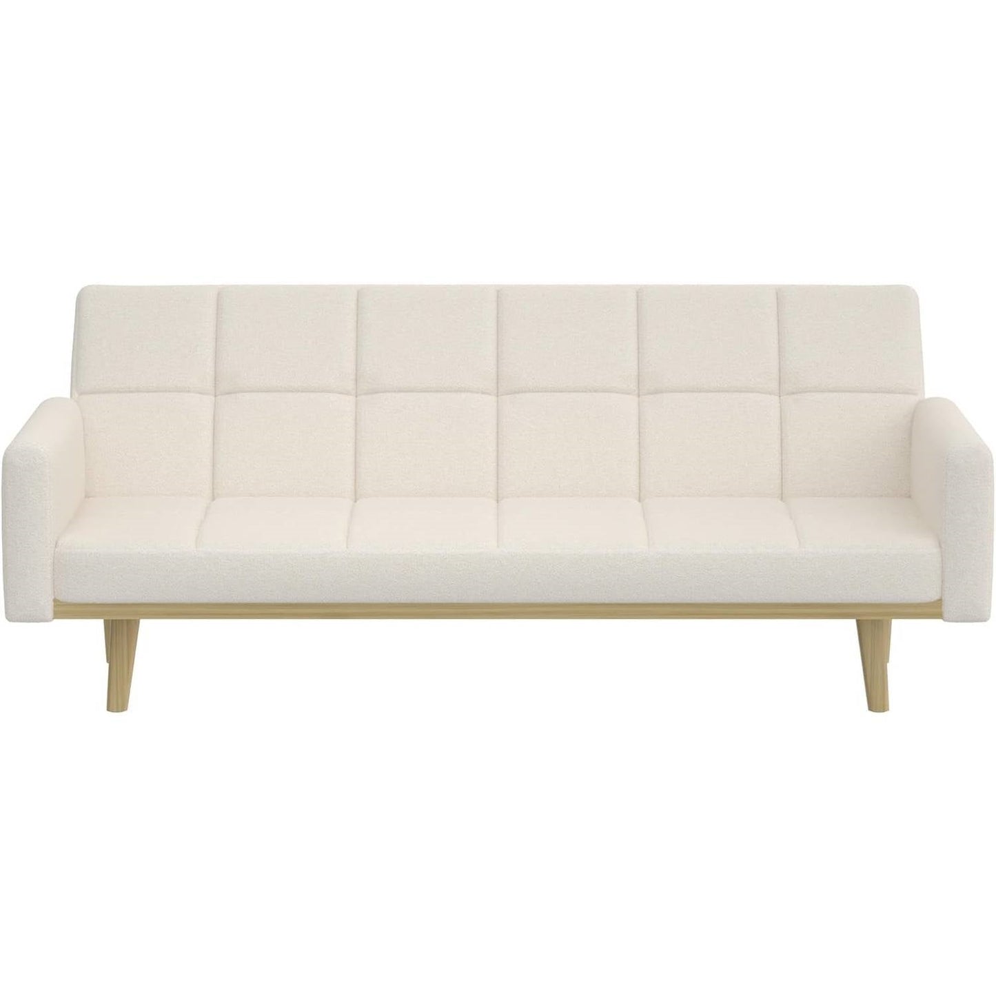 Modern Mid-Century Futon Sleeper Sofa Bed in Sherpa Ivory Fabric Upholstery - The Sturdy Wood Company