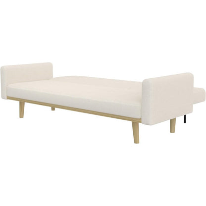 Modern Mid-Century Futon Sleeper Sofa Bed in Sherpa Ivory Fabric Upholstery - The Sturdy Wood Company