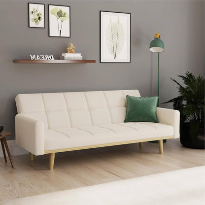 Modern Mid-Century Futon Sleeper Sofa Bed in Sherpa Ivory Fabric Upholstery - The Sturdy Wood Company