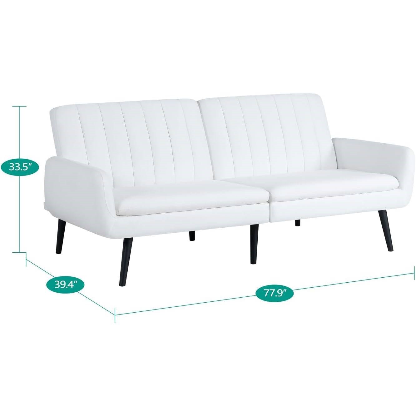 Modern Mid-Century Futon Sleeper Sofa Bed in White Linen Fabric - The Sturdy Wood Company