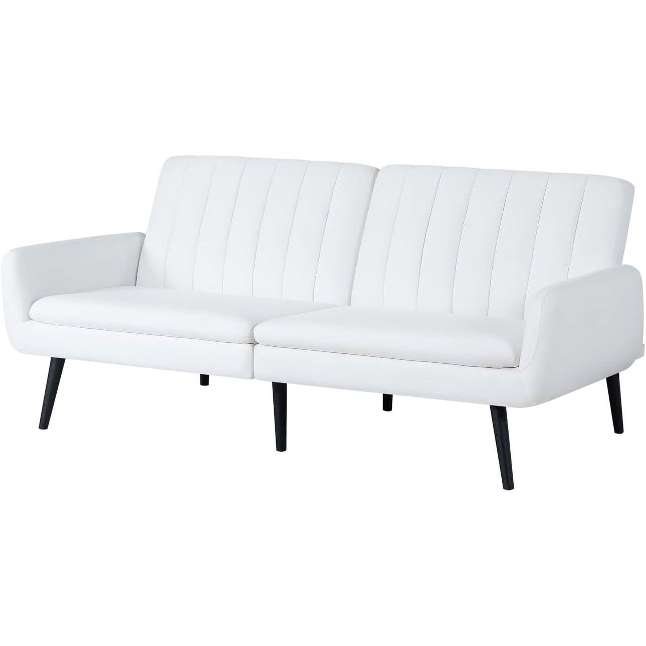 Modern Mid-Century Futon Sleeper Sofa Bed in White Linen Fabric - The Sturdy Wood Company