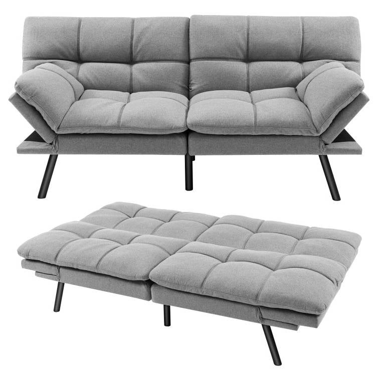 Modern Mid-Century Grey Imitation Linen Upholstered Futon Sleeper Sofa Bed - The Sturdy Wood Company