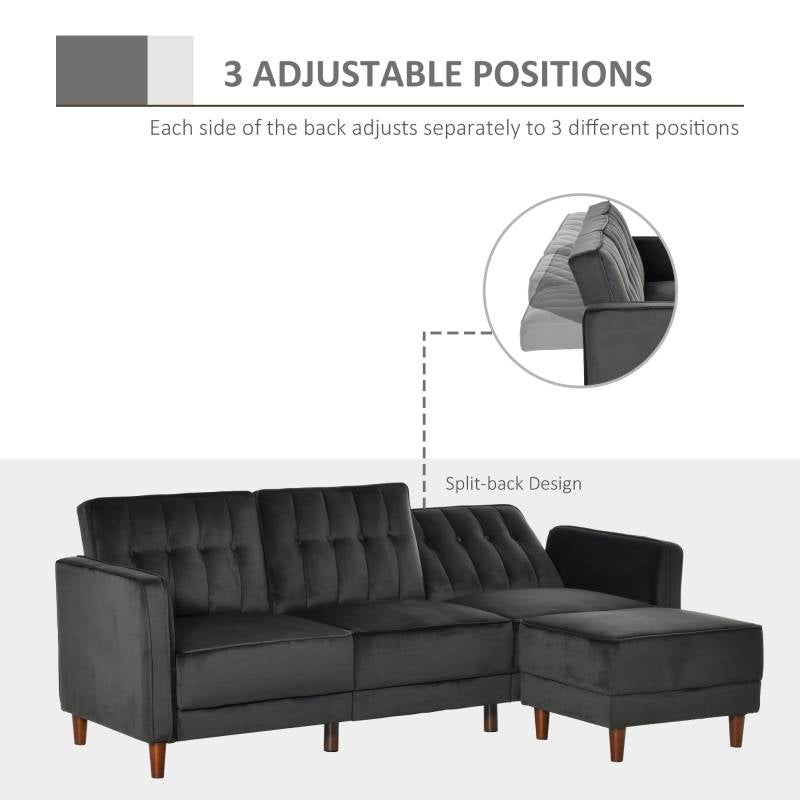 Modern Mid-Century Reversible L-Shaped Sectional Sleeper Sofa in Black Velvet - The Sturdy Wood Company