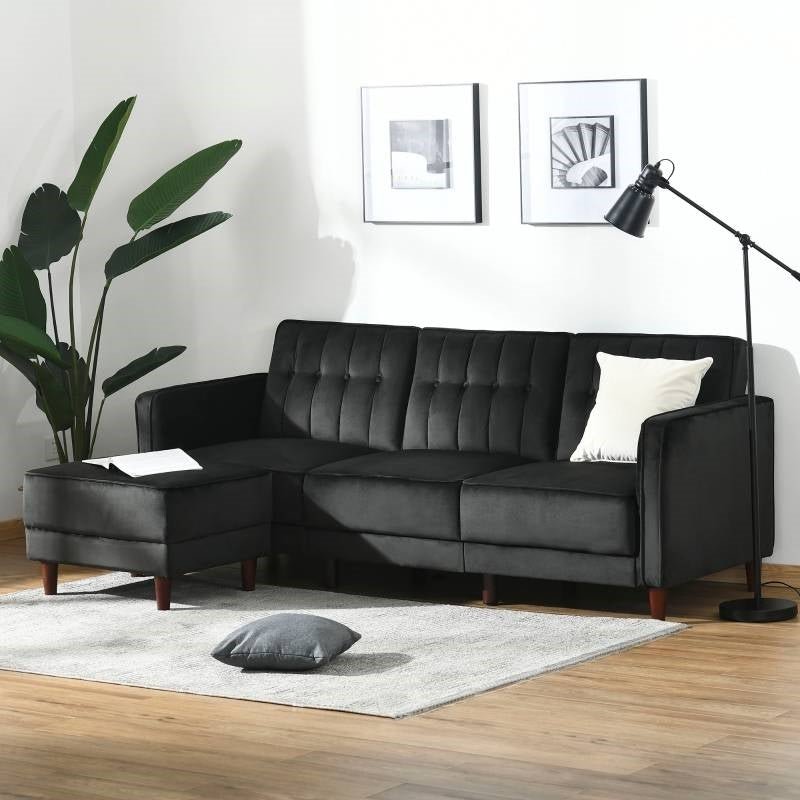 Modern Mid-Century Reversible L-Shaped Sectional Sleeper Sofa in Black Velvet - The Sturdy Wood Company