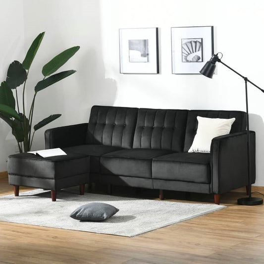 Modern Mid-Century Reversible L-Shaped Sectional Sleeper Sofa in Black Velvet - The Sturdy Wood Company