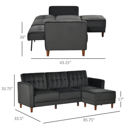 Modern Mid-Century Reversible L-Shaped Sectional Sleeper Sofa in Black Velvet - The Sturdy Wood Company