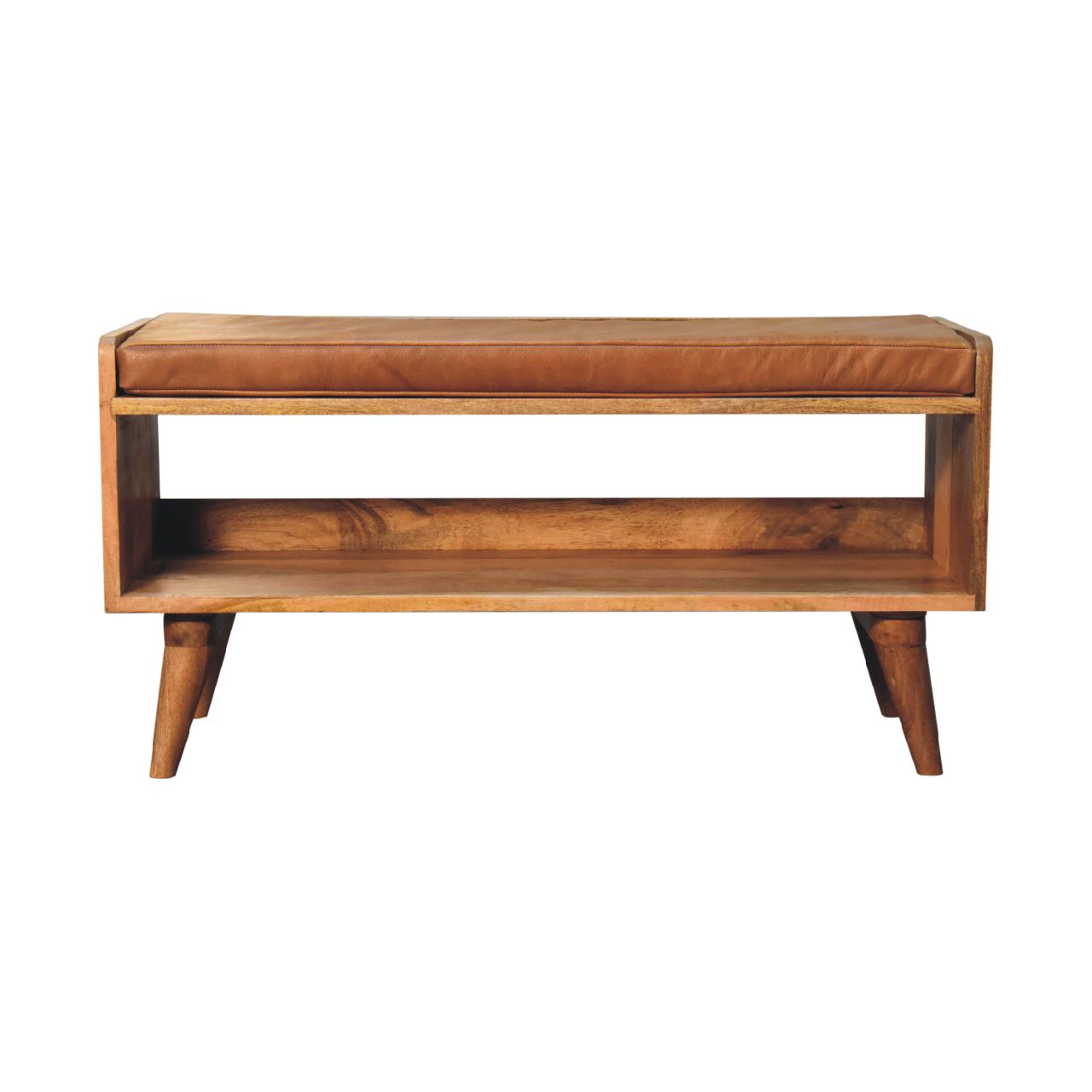 Oak-ish Bench with Tan Leather Seatpad - The Sturdy Wood Company