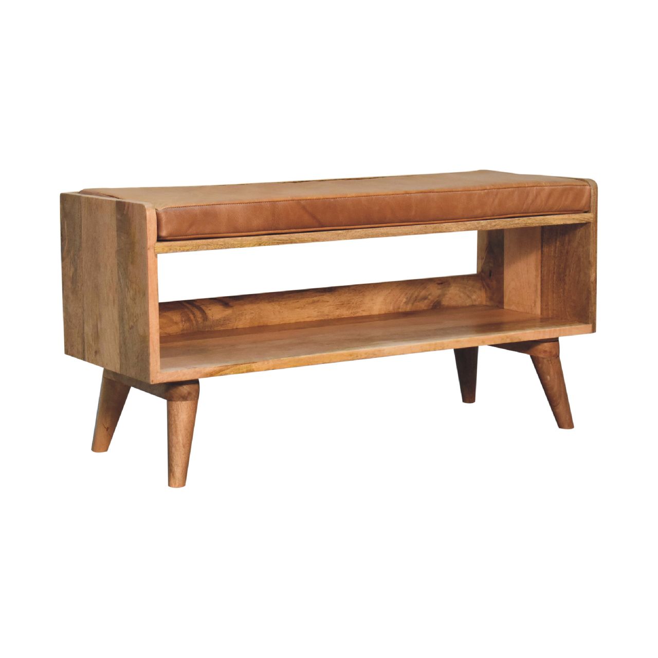 Oak-ish Bench with Tan Leather Seatpad - The Sturdy Wood Company