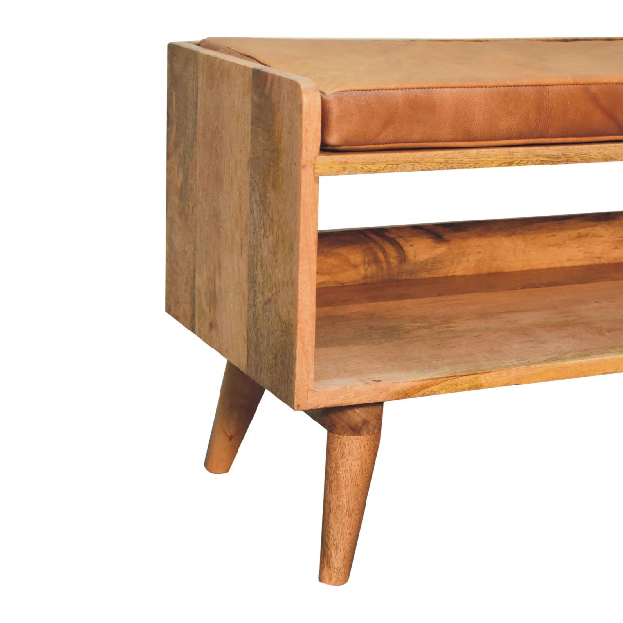 Oak-ish Bench with Tan Leather Seatpad - The Sturdy Wood Company