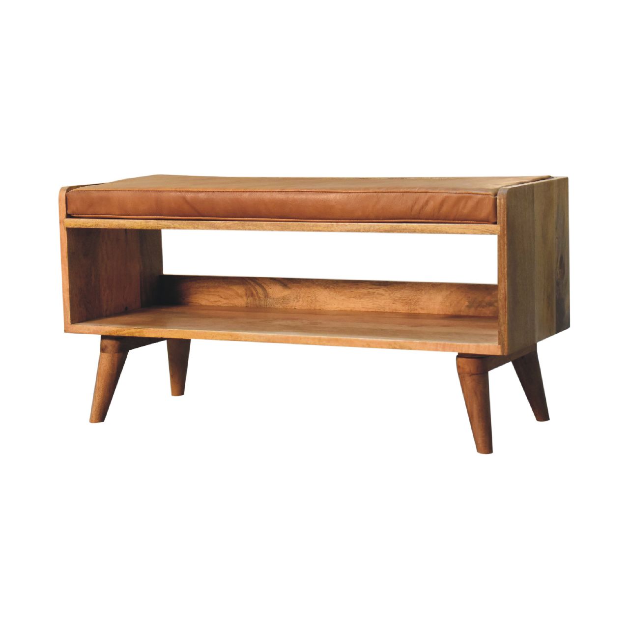 Oak-ish Bench with Tan Leather Seatpad - The Sturdy Wood Company