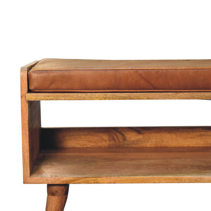 Oak-ish Bench with Tan Leather Seatpad - The Sturdy Wood Company