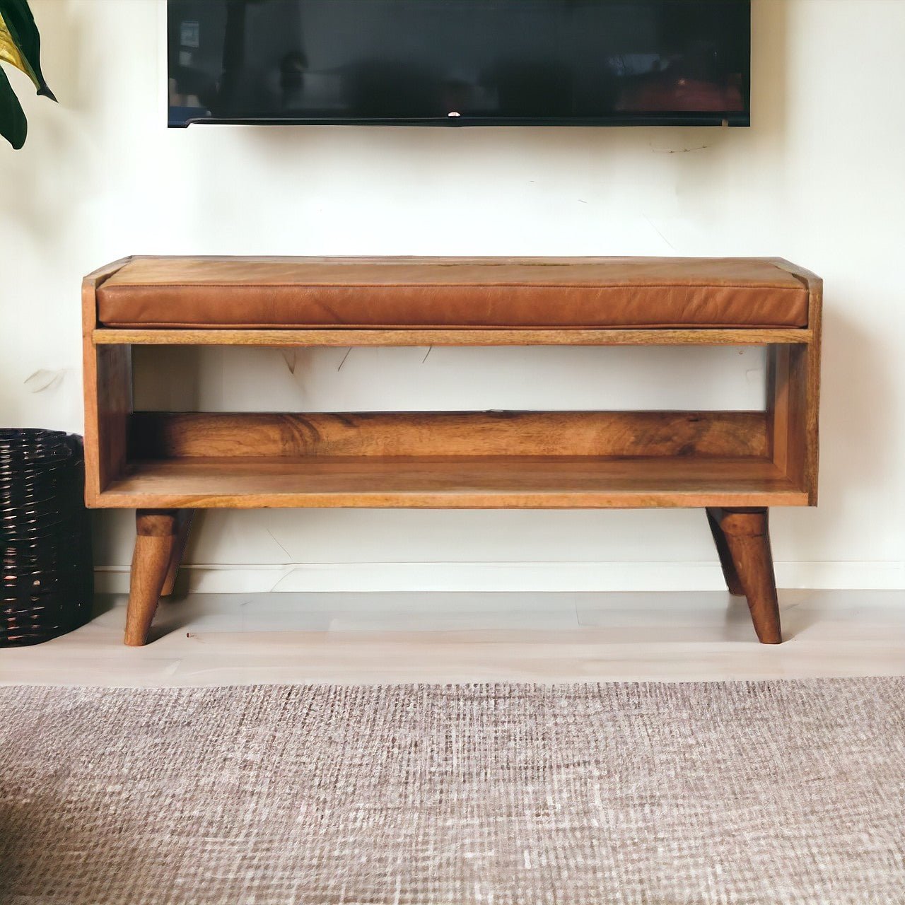 Oak-ish Bench with Tan Leather Seatpad - The Sturdy Wood Company