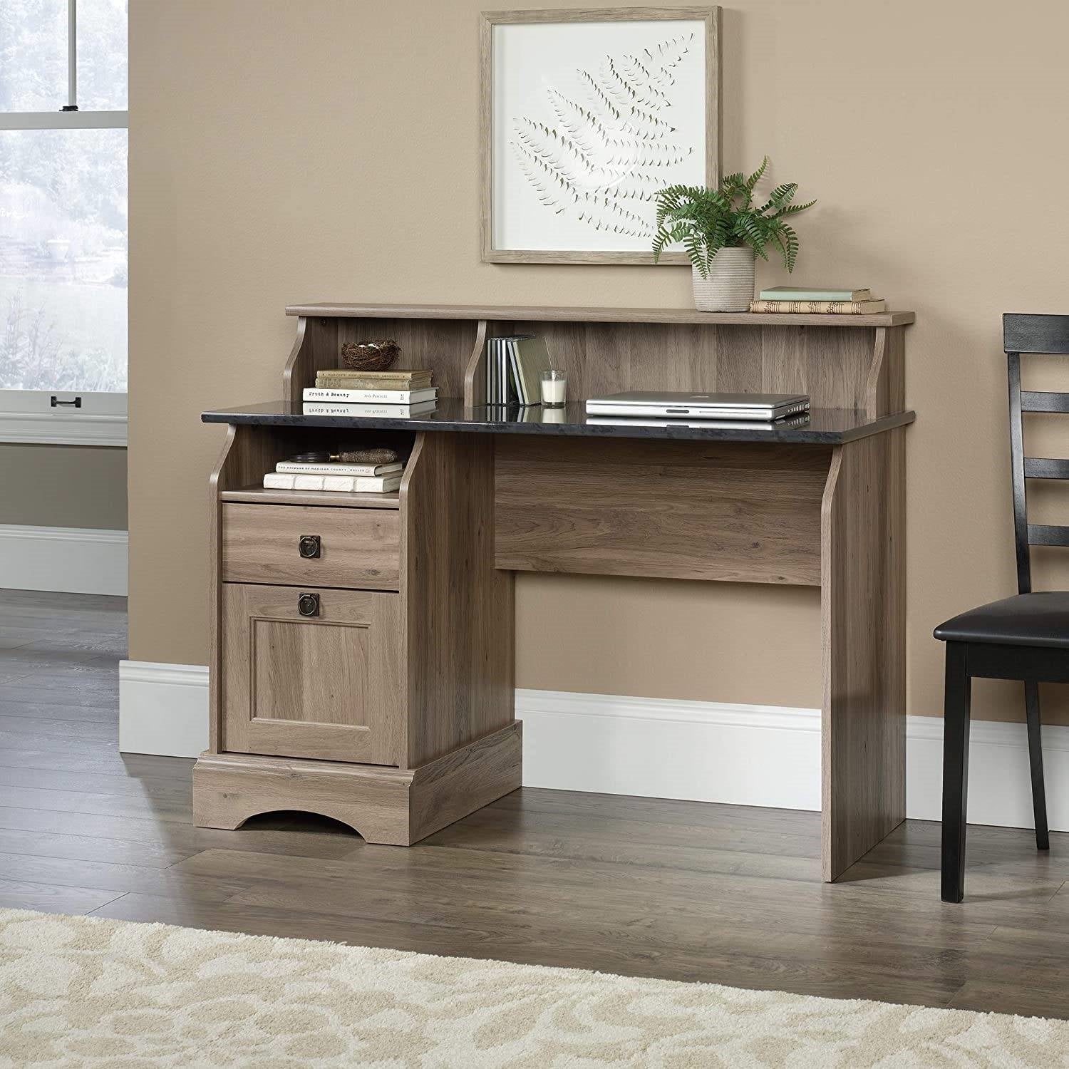 Rustic Oak Slat Top Computer Desk w/ Filing Cabinet - The Sturdy Wood Company