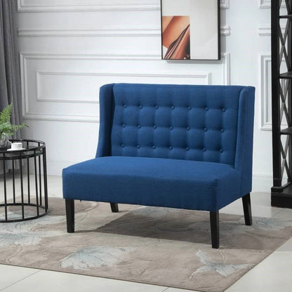 Scandinavian 2 Seater Button Tufted Loveseat Wooden Legs Blue Linen - The Sturdy Wood Company