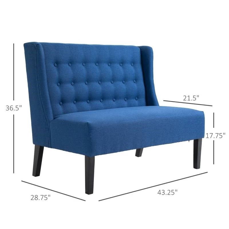 Scandinavian 2 Seater Button Tufted Loveseat Wooden Legs Blue Linen - The Sturdy Wood Company