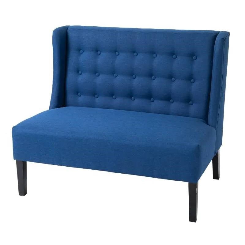 Scandinavian 2 Seater Button Tufted Loveseat Wooden Legs Blue Linen - The Sturdy Wood Company